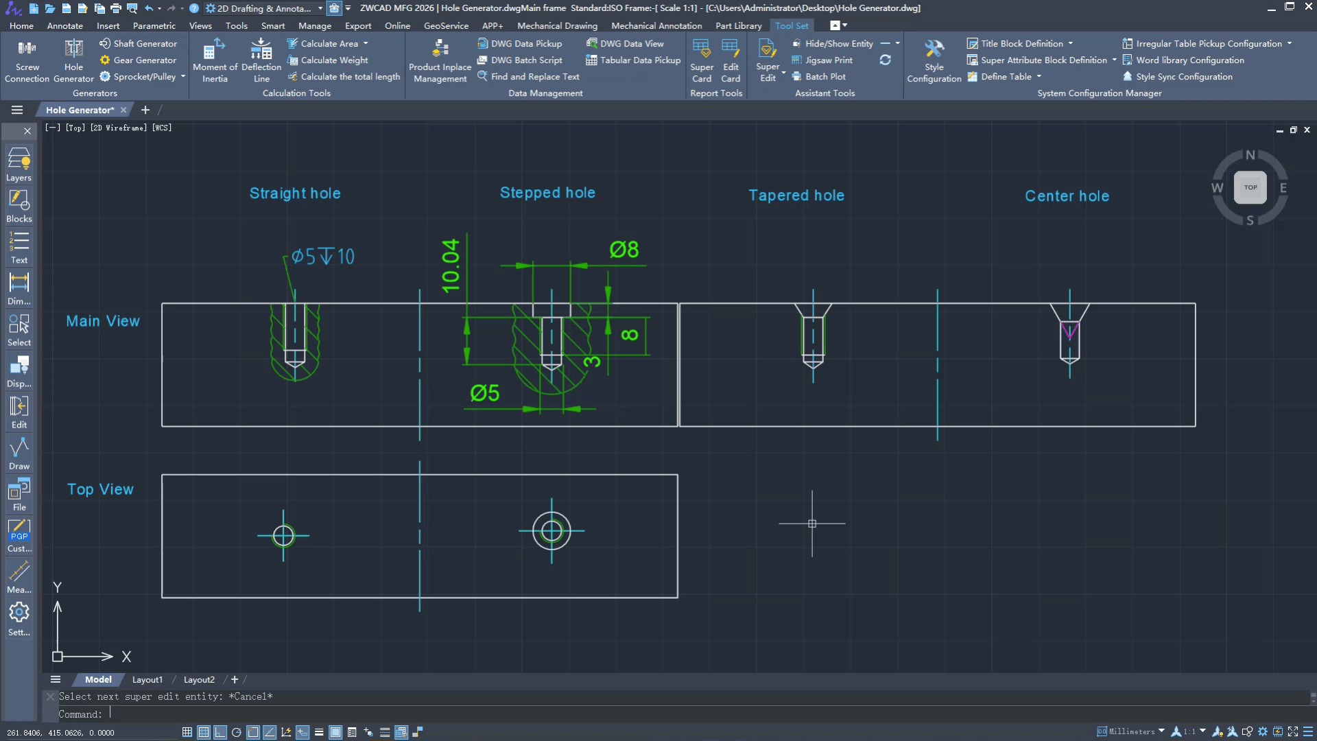 Generátor děr v ZWCAD MFG 2026
