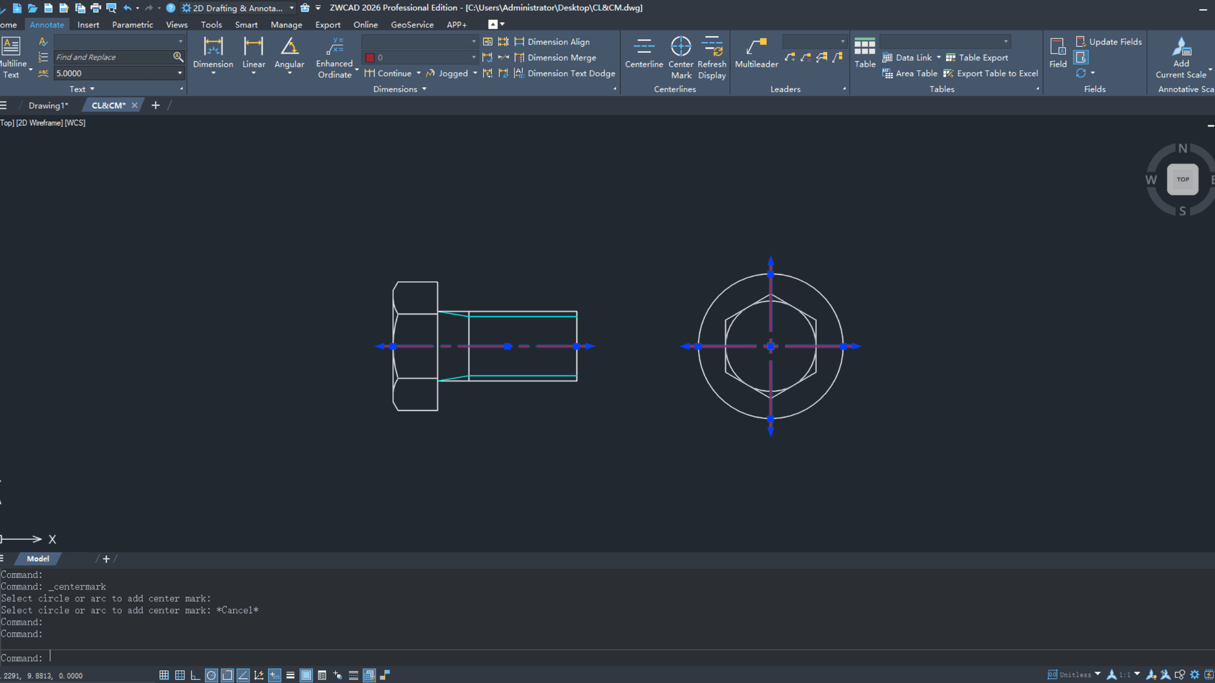Osa a středová značka v ZWCAD 2026
