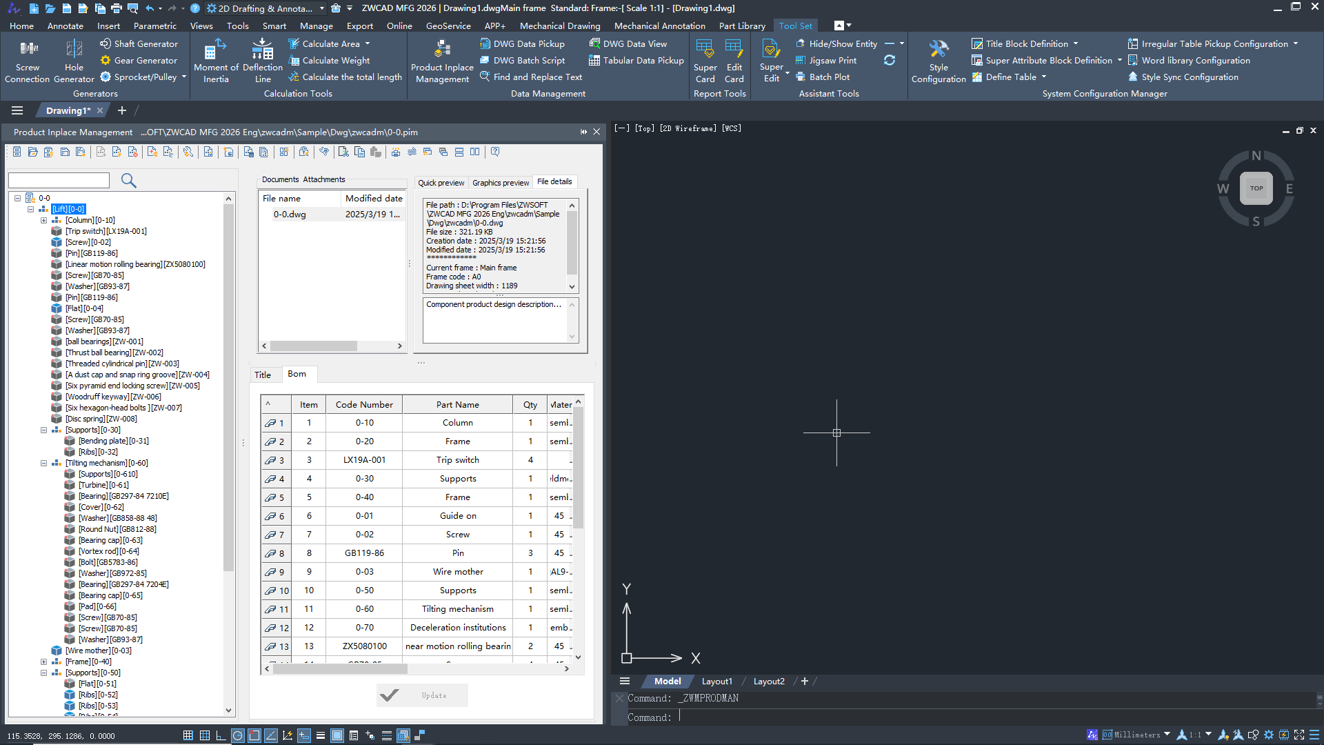 Správa produktu na místě ZWCAD MFG 2026