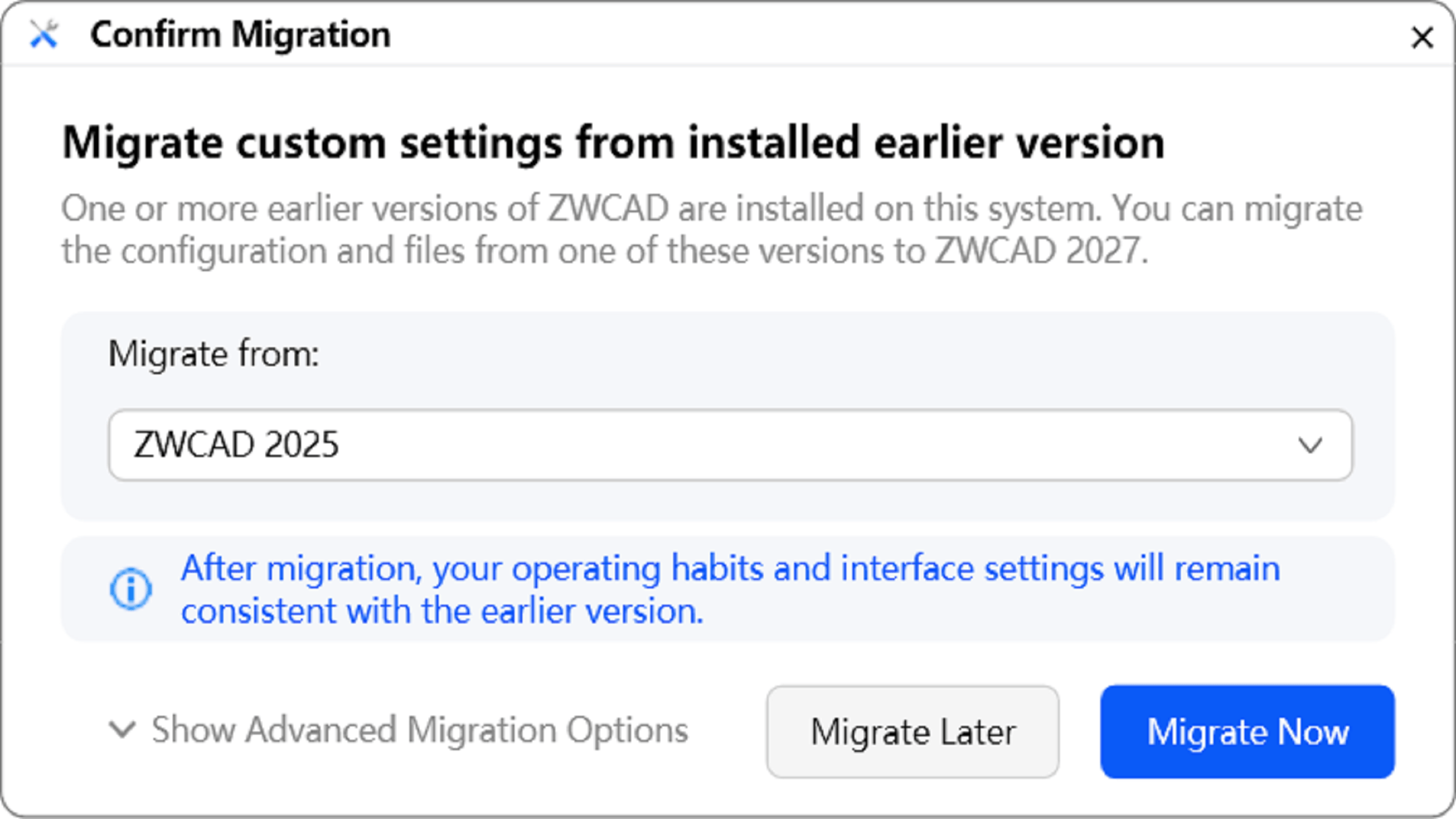Vylepšení funkce Migrace v ZWCAD 2027