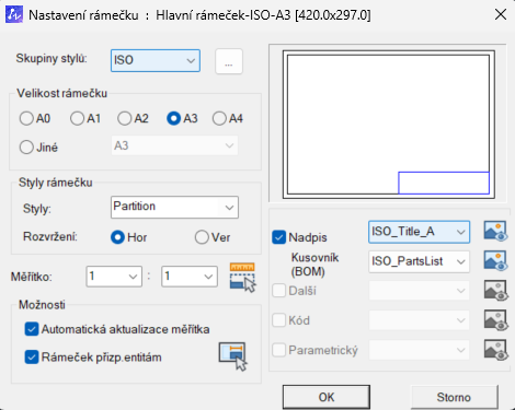 Nastavení rámečku v ZWCAD MFG - krok 1