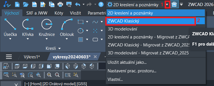 Přepnutí Ribbon vs Klasik v ZWCADu - panel rychlého přístupu