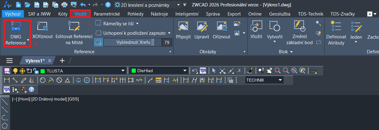 Vložení externí reference ZWCAD - krok 1