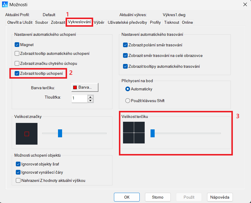 Nastavení velikosti vykreslovacího terčíku
