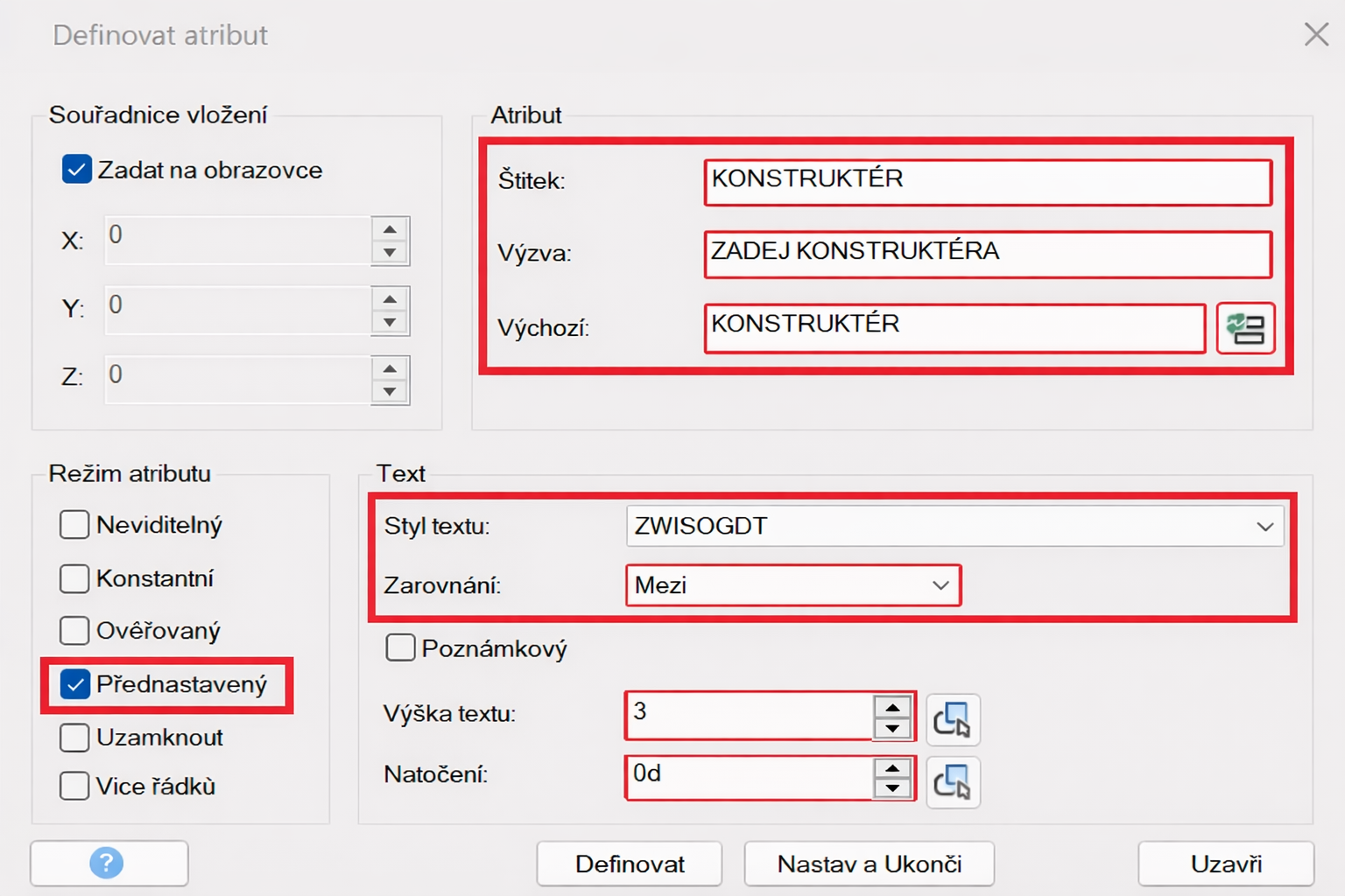 Postup tvorby vlastního razítka v ZWCAD MFG - Definovat atribut 