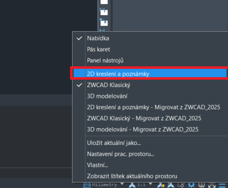 Přepnutí Ribbon vs Klasik v ZWCADu - stavový řádek