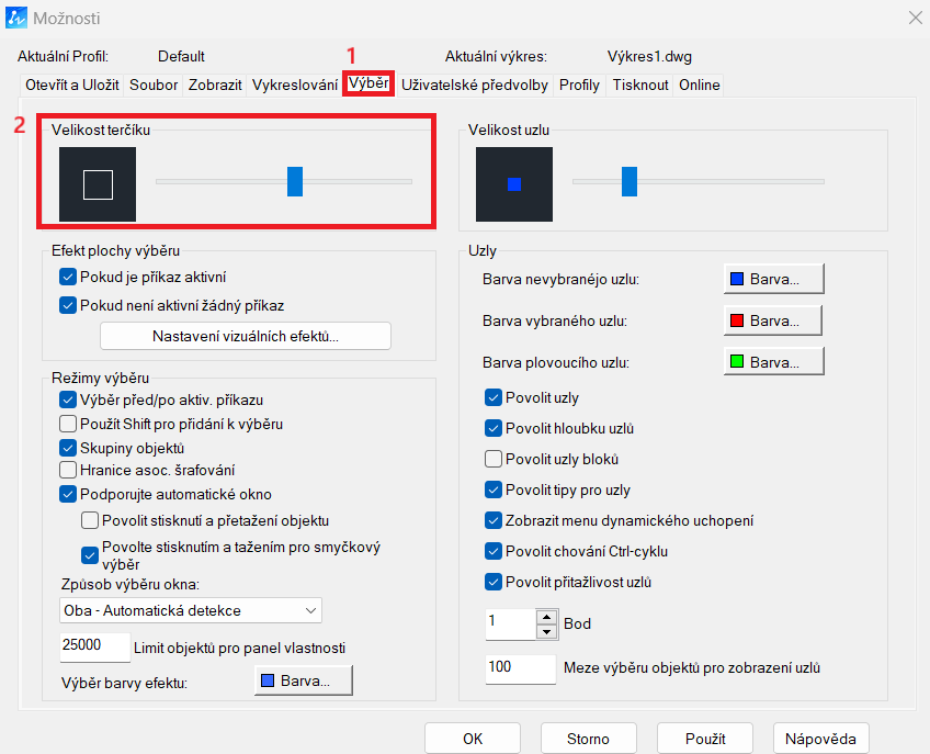 Nastavení velikosti výběrového terčíku