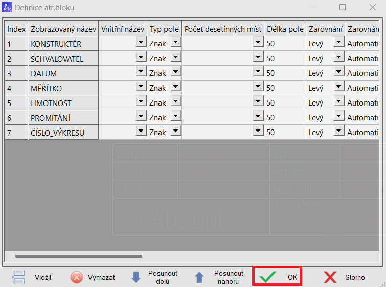 Postup tvorby vlastního razítka v ZWCAD MFG - Definice atributu bloku 