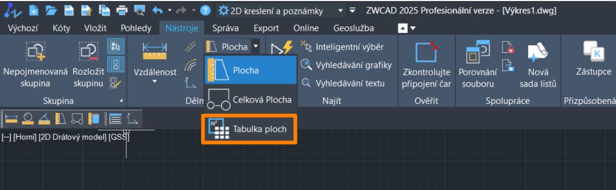 Příkaz Tabulka ploch