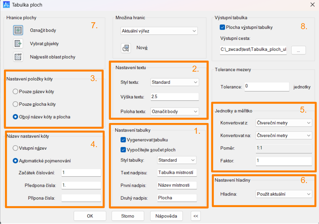 Tabulka ploch- nastavení