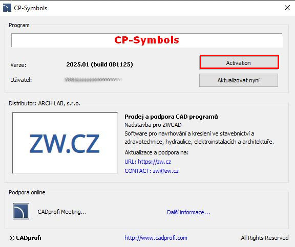 Deaktivace CADprofi - Aktivace