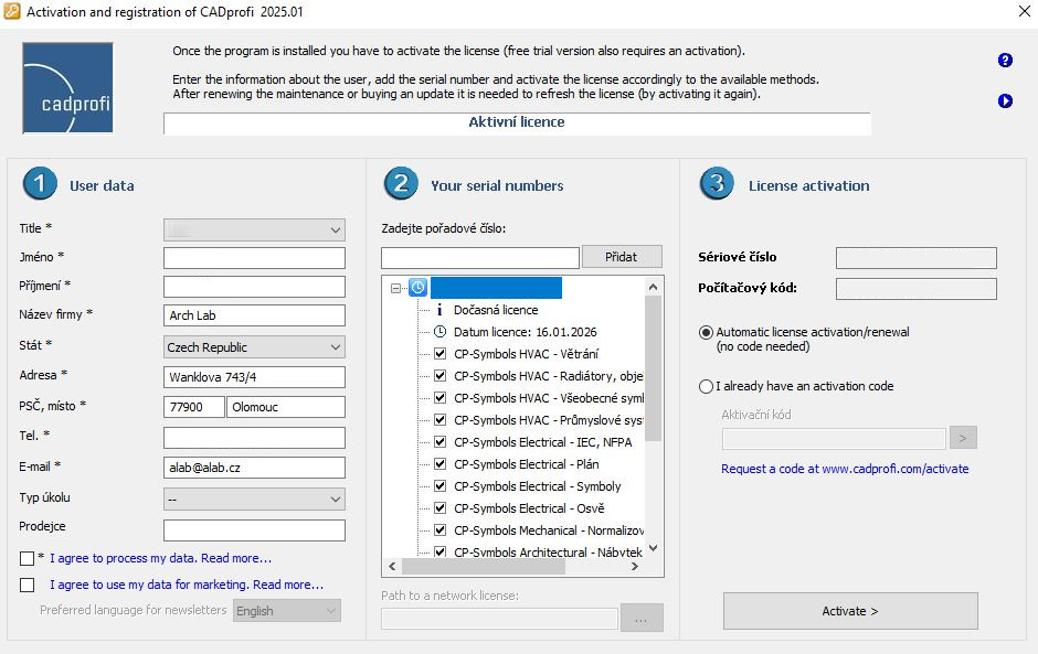 Deaktivace CADprofi - Správa licence