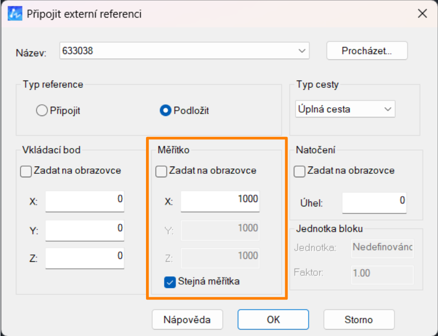 Nastevení měřítka DWG reference při vkládání