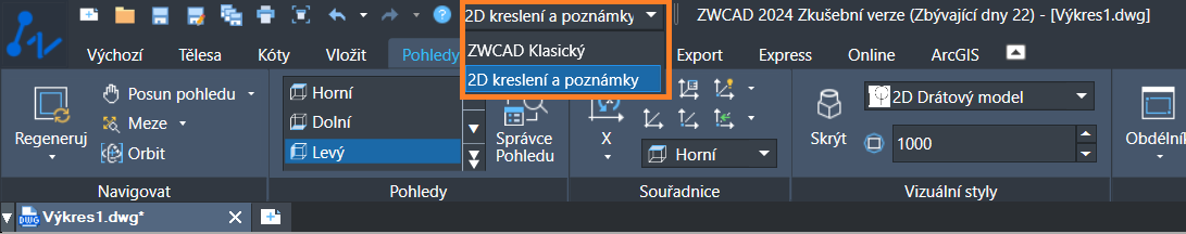 Přepínání z 2D kreslení a poznámky na ZWCAD klasický