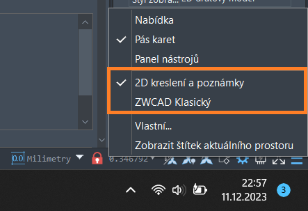 Přepnutí ze ZWCAD klasický na 2D kreslení a poznámky